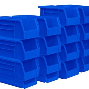 Bright blue stackable plastic storage bins arranged in rows on a clean white background.