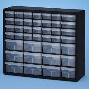 Black plastic multi-drawer storage organizer with clear pull-out bins, arranged in several rows of small and large compartments, photographed against a smooth light-blue background