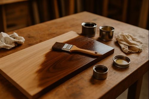 Partially stained hardwood board on a woodworking workbench, showing natural wood grain, brushes, rags, and small finish containers under warm shop lighting.