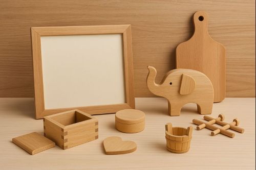 Small handcrafted wooden items including picture frames, cutting boards, boxes, and toys displayed on a tabletop