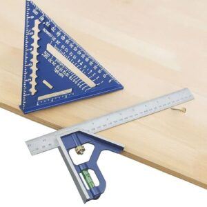 Blue carpenter square and combination square resting on a light wooden board, shown without text or labels.