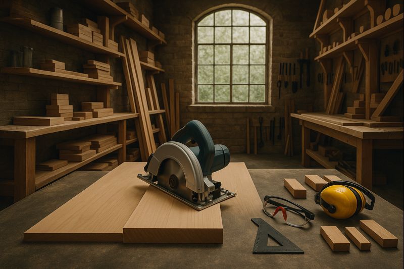 Circular saw positioned on a wooden board on a workbench in a well-organized woodworking shop