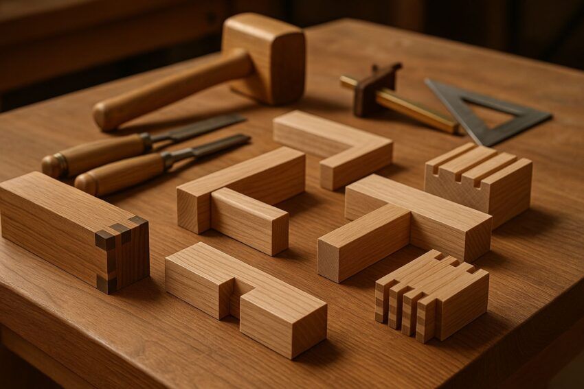 Traditional wood joinery samples including dovetail, mortise and tenon, lap, and box joints arranged on a woodworking bench with hand tools nearby under warm workshop lighting.