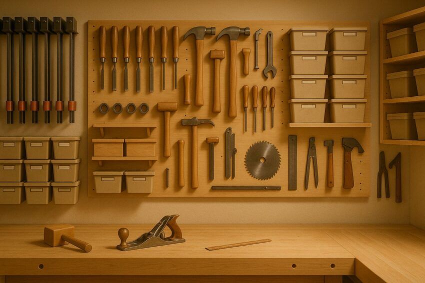 Clean, organized woodworking shop with neatly arranged tools, wall-mounted clamps, labeled storage bins, and a tidy workbench under warm workshop lighting.