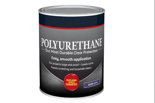 Can of fast-drying polyurethane wood finish shown on a white background, used to protect and seal finished woodworking projects.