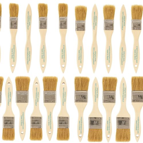 Set of natural bristle chip brushes with wooden handles arranged on a white background, commonly used for wood stain, polyurethane, paint, and finishing applications.