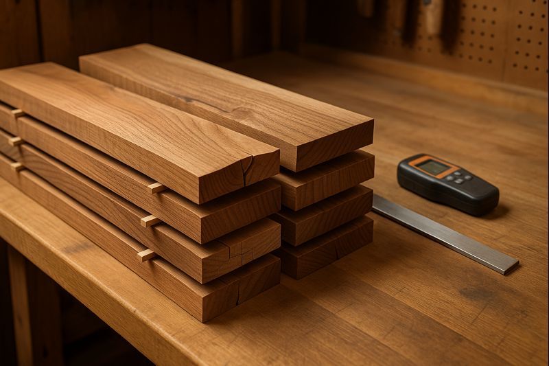 Hardwood boards stacked with stickers on a woodworking bench showing minor warping, end-grain cracks, and natural wood movement