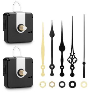 Two quartz clock mechanisms with assorted gold and black clock hands and mounting hardware on a white background