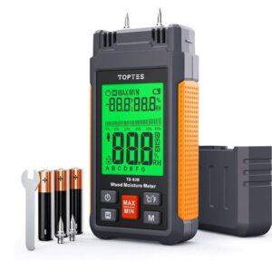 Digital wood moisture meter with pin probes displayed on a white background, shown with batteries, spare probe pins, and protective cover.