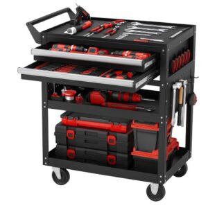Heavy-duty black and red rolling tool cart with organized hand tools, drawers, storage bins, and caster wheels.