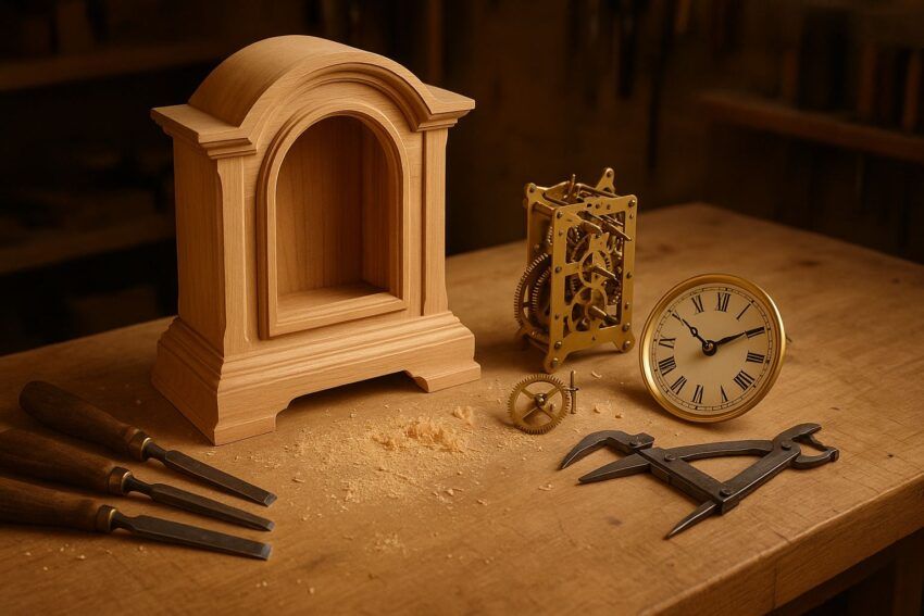 Warm woodworking shop workbench with a partially assembled wooden mantle clock, brass clock movement parts, chisels, calipers, and light sawdust under soft ambient lighting.