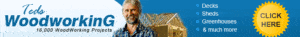 Banner ad for Ted’s Woodworking showing Ted, a wooden shed frame, and a list of project types like decks, sheds, and greenhouses with a yellow “Click Here” button