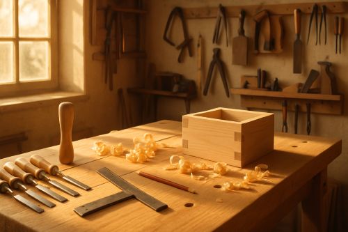 Warm morning light fills a cozy woodworking workshop, with a wooden workbench, chisels, mallet, square, pencil, wood shavings, and a small project in progress. Clean, inviting, beginner-friendly woodworking scene.