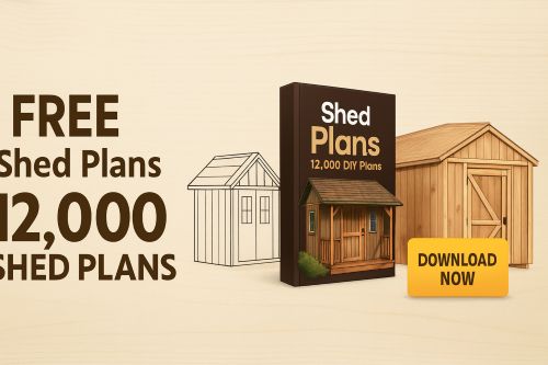 Feature image showing the Free 12,000 Shed Plans download banner with shed illustrations and a yellow “Download Now” button