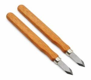 Two woodworking marking knives with wooden handles and sharp carbon steel blades on a white background.