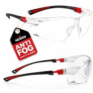 Clear NoCry safety glasses with wraparound lenses and black-and-red frames on a white background.
