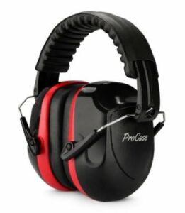 Black and red ProCase over-ear hearing protection earmuffs on a white background.