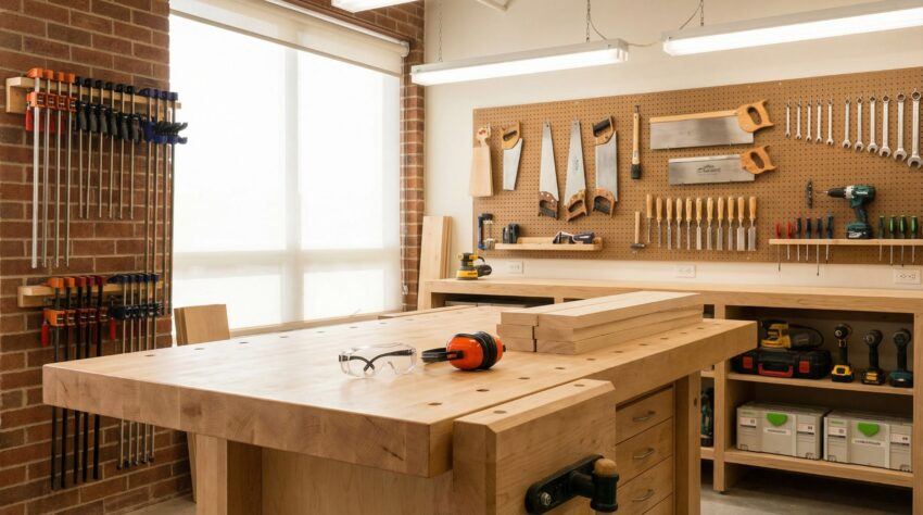 Clean woodworking shop featuring a large workbench, hand tools on a pegboard, clamps, and neatly stored power tools.