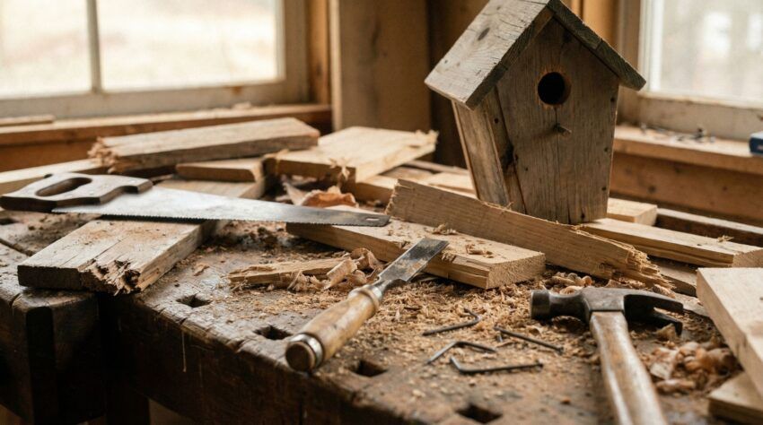 A cluttered woodworking workbench showing uneven cuts, misaligned joints, scattered tools, and sawdust, illustrating common woodworking mistakes beginners make.